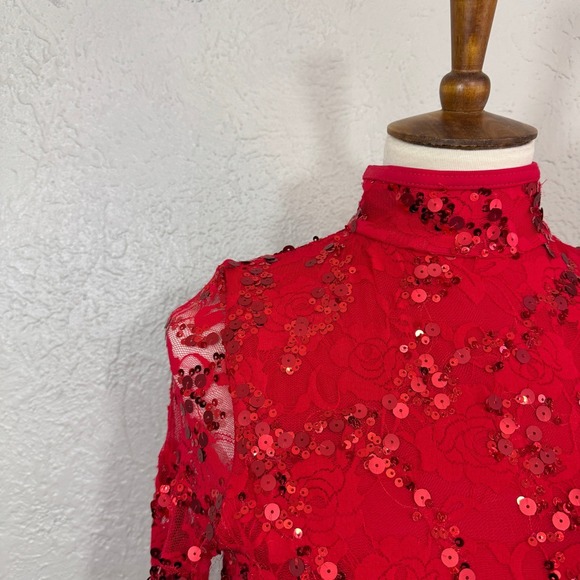 Balera Dance Costume Streak Lace Dress Adult L Red Sequin Sheer D10125 Weissman - Picture 5 of 14